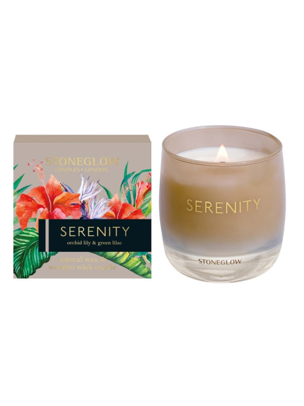 Stoneglow Natural Wax & Wooden Wick Candle - Serenity - Orchid Lily & Green Lilac